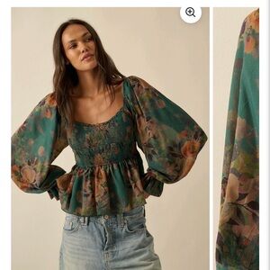 Promesa Teal Floral Smocked Peplum Blouse